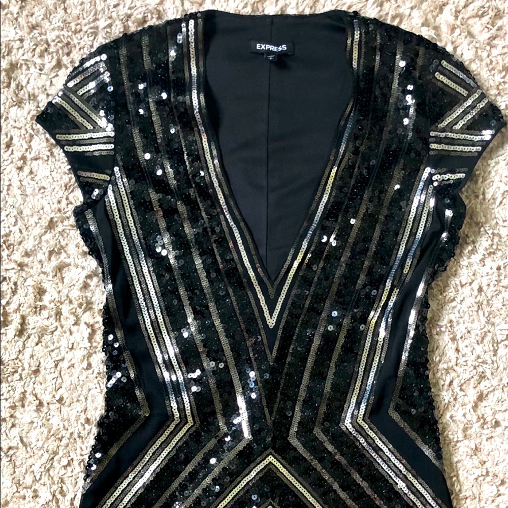 Express Geometric Sequin Deep V Mini Sheath Dress